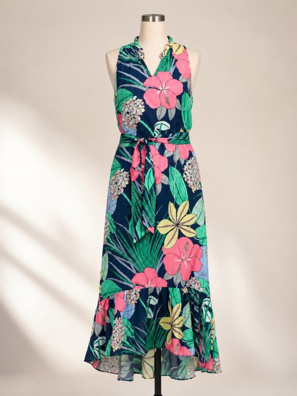 Talbots Voile Hibiscus Tropical Floral Maxi Dress 14 Dark Navy Cotton Hi-Lo